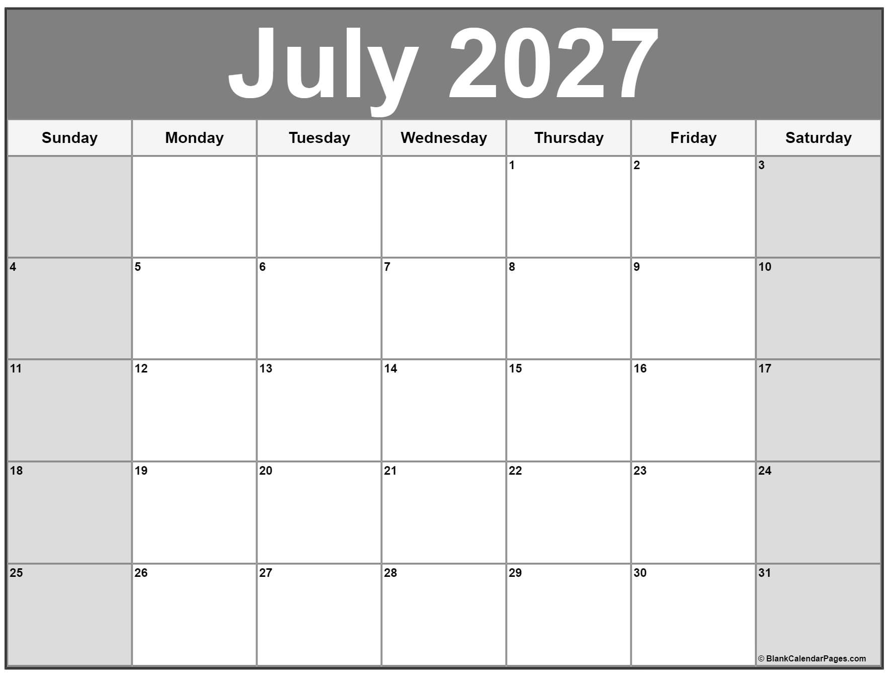 Printable Calendar June July 2027