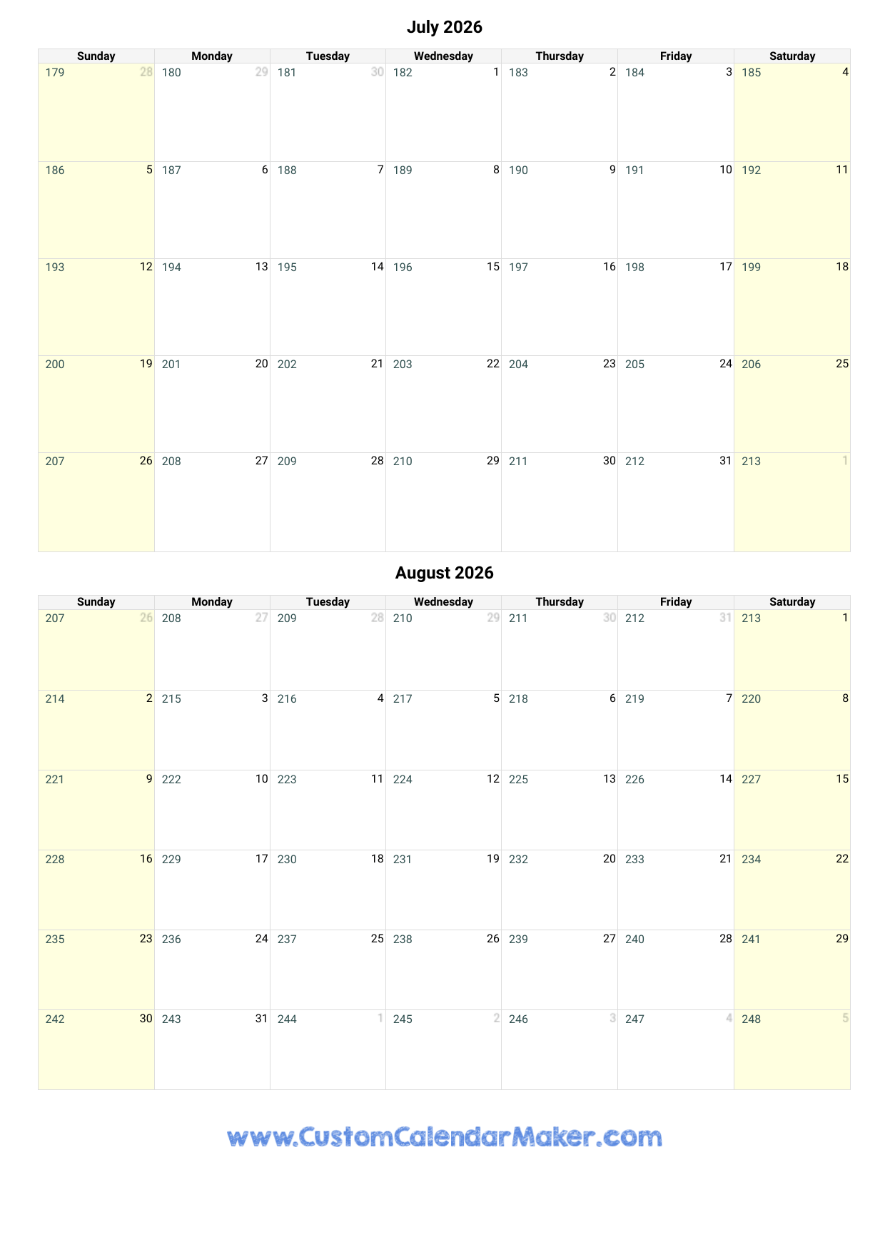 July And August 2026 Calendar Custom Calendar Maker