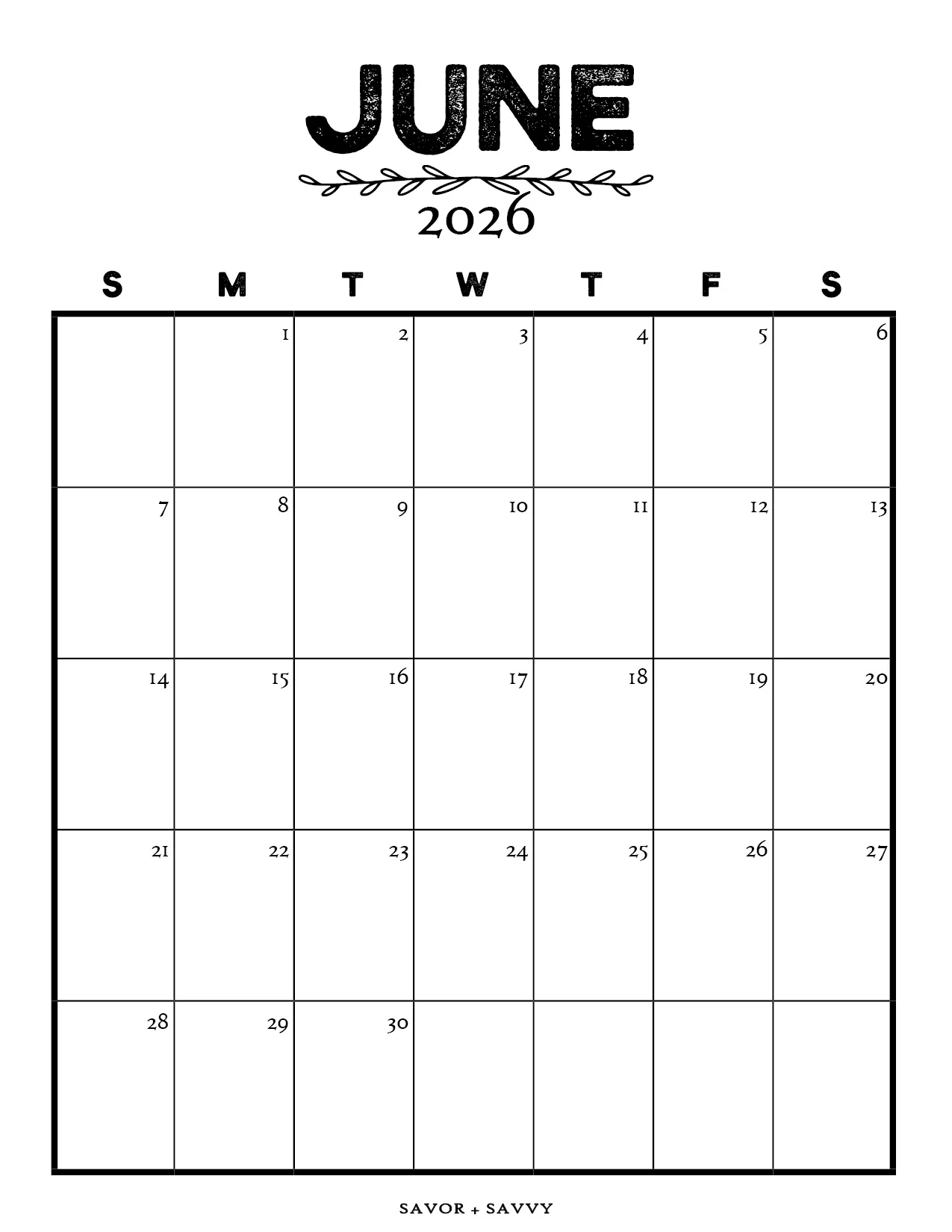 Free Printable Blank Calendar June 2026