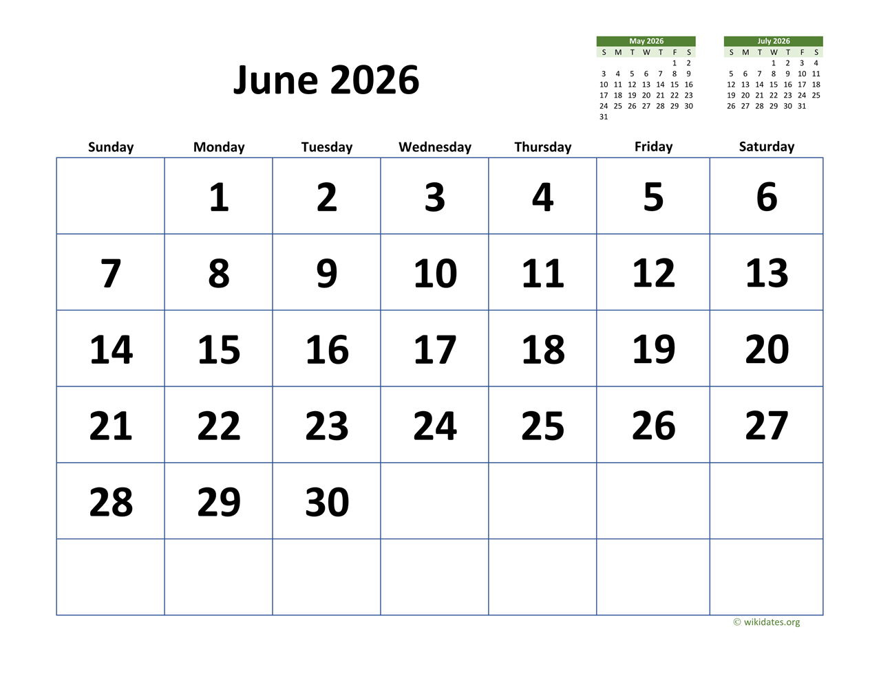 June Calendar 2026 Printable