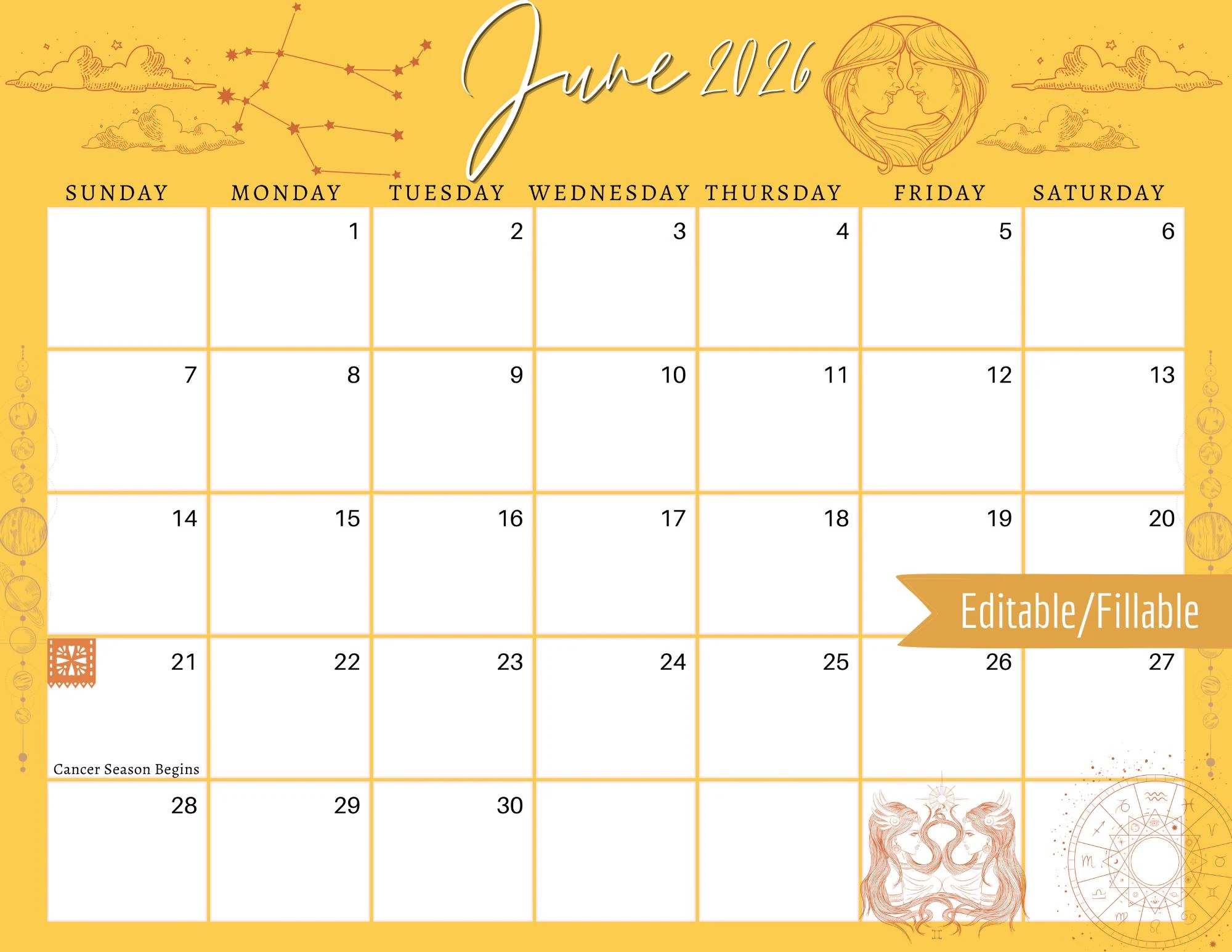 June 2026 Digital Calendar Yellow Gemini Astrology Planner Editable Fillable Printable Calendar For Planning PDF PNG And JPG Download Etsy