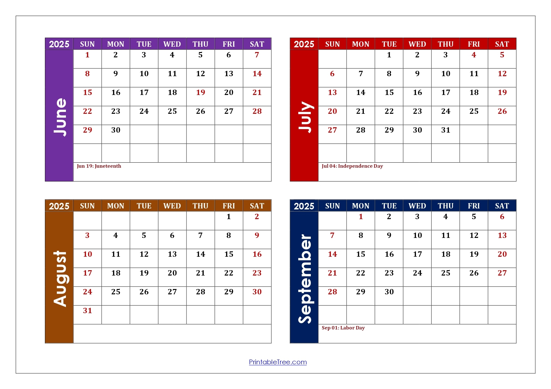 June To September 2025 Calendar Printable PDF Four Months Calendar