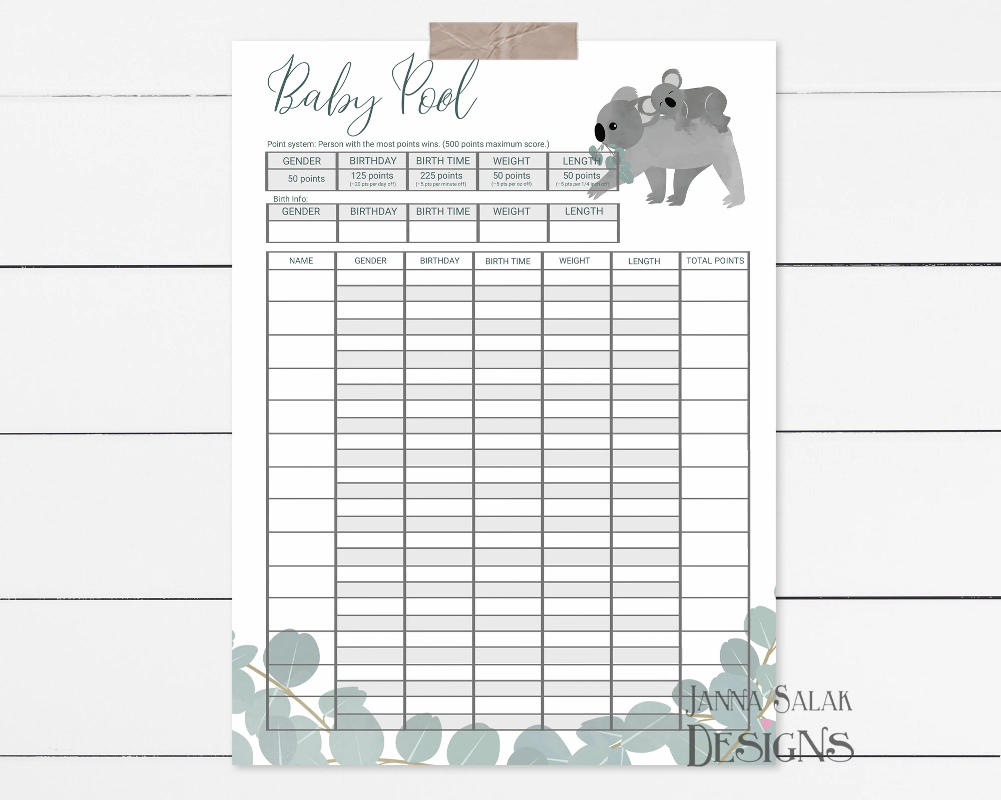 Koala Baby Pool Birth Prediction Printable Poster Sign Template Eucalyptus 11x17 18x24 24x36 diy With Editable Text KO01 Etsy