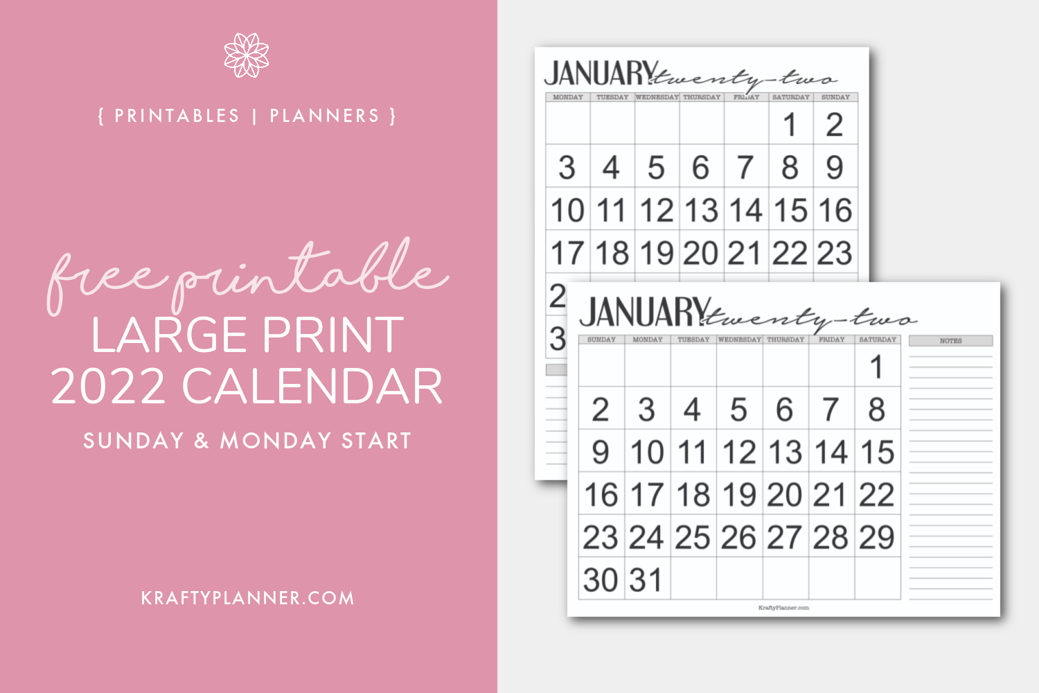 Large Print 2022 Calendar Free Printable Krafty Planner