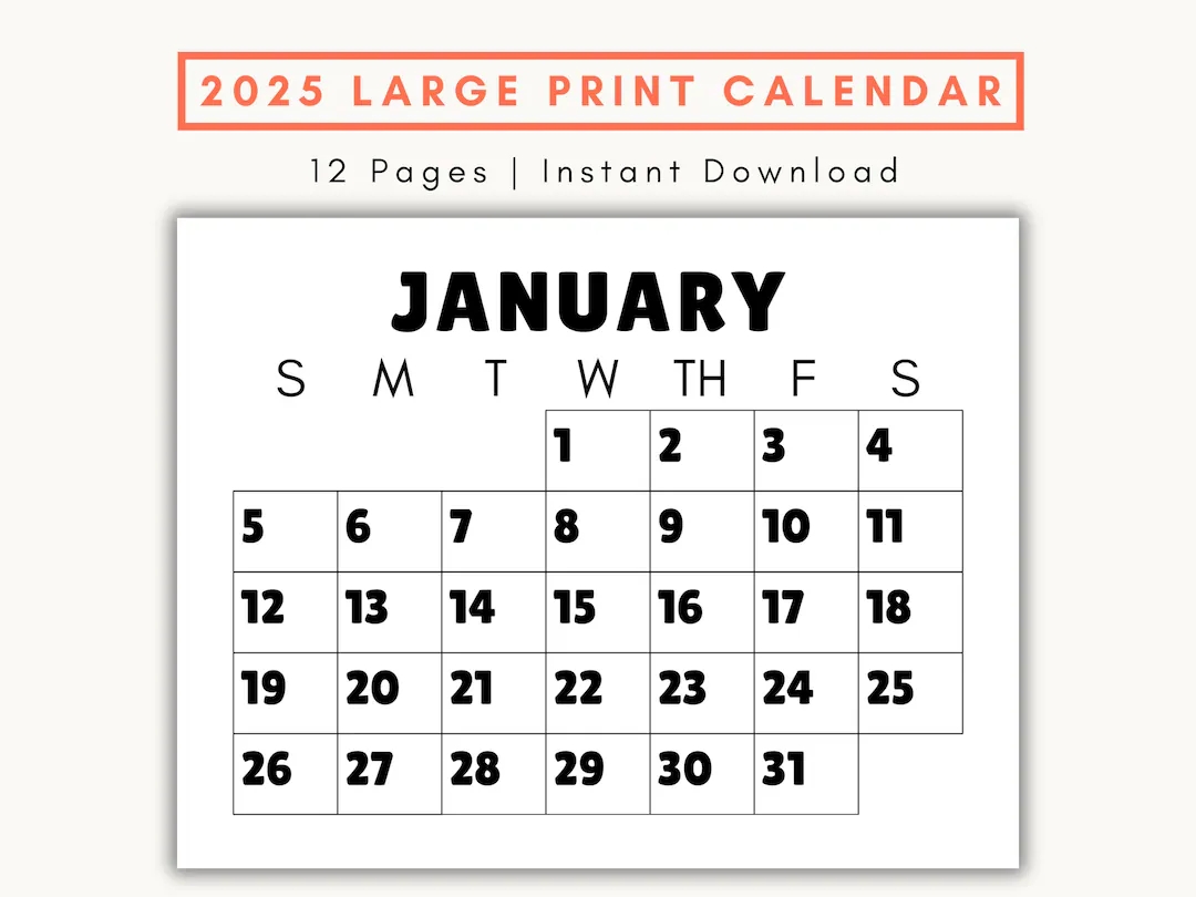 Printable Calendar 2025 Big Spaces
