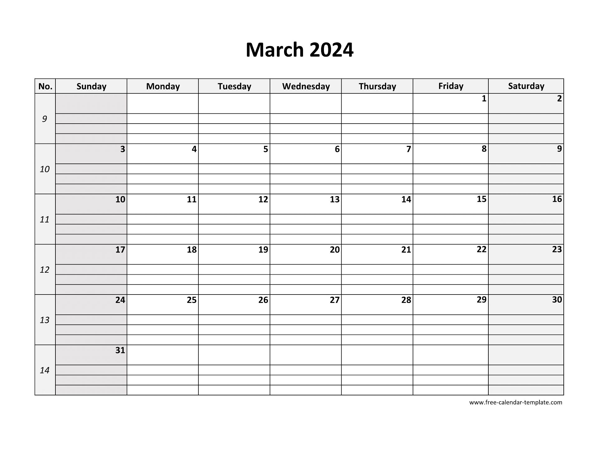 March 2024 Calendar Free Printable With Grid Lines Designed horizontal Free calendar template