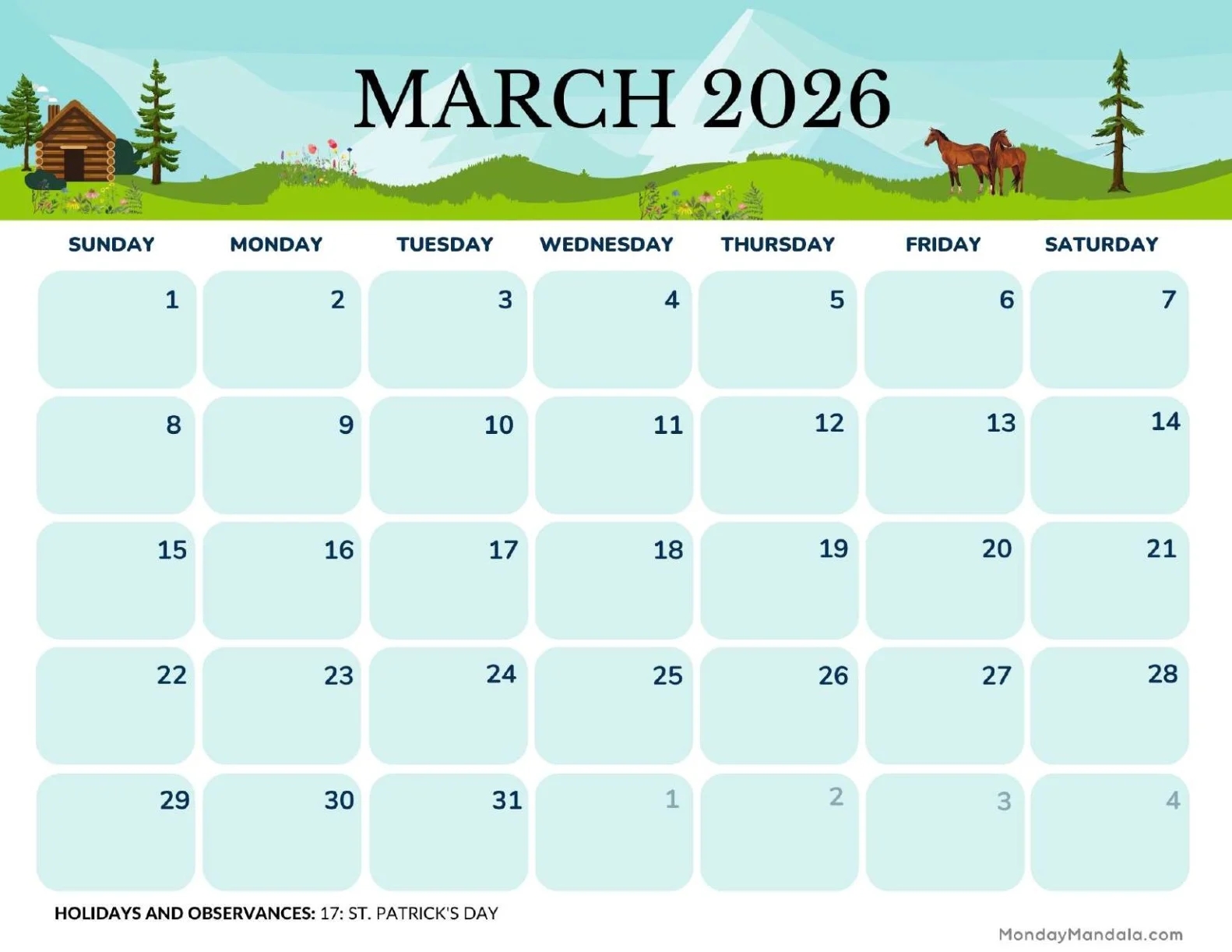 Cute March 2026 Calendar Printable