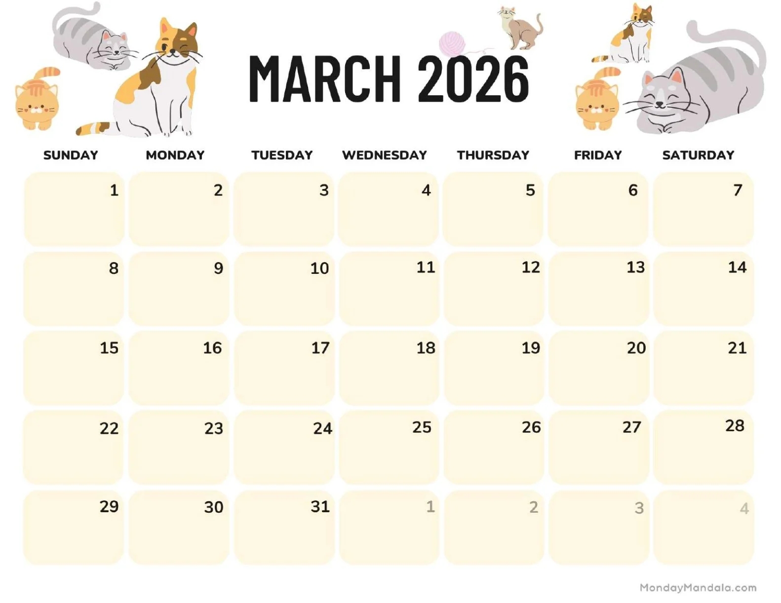 Printable March Calendar 2026