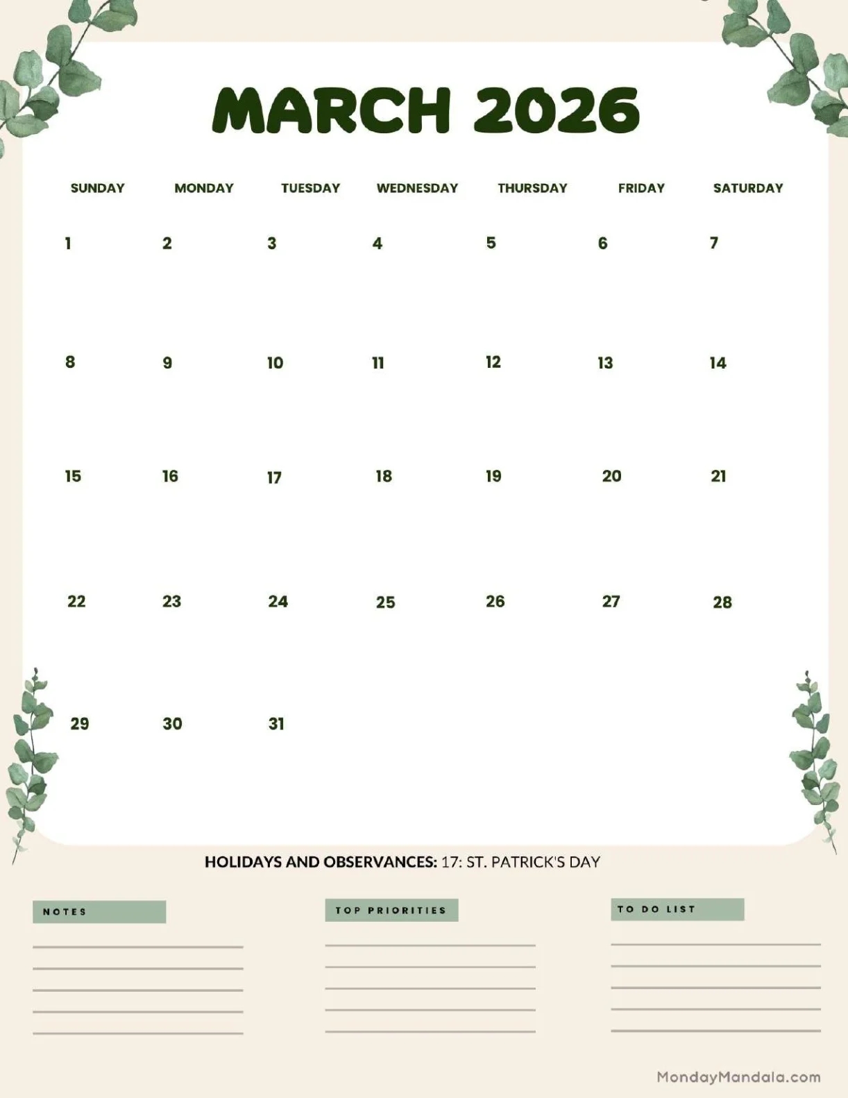 March 2026 Calendar With Holidays Printable March 2026 Calendar With Holidays Printable