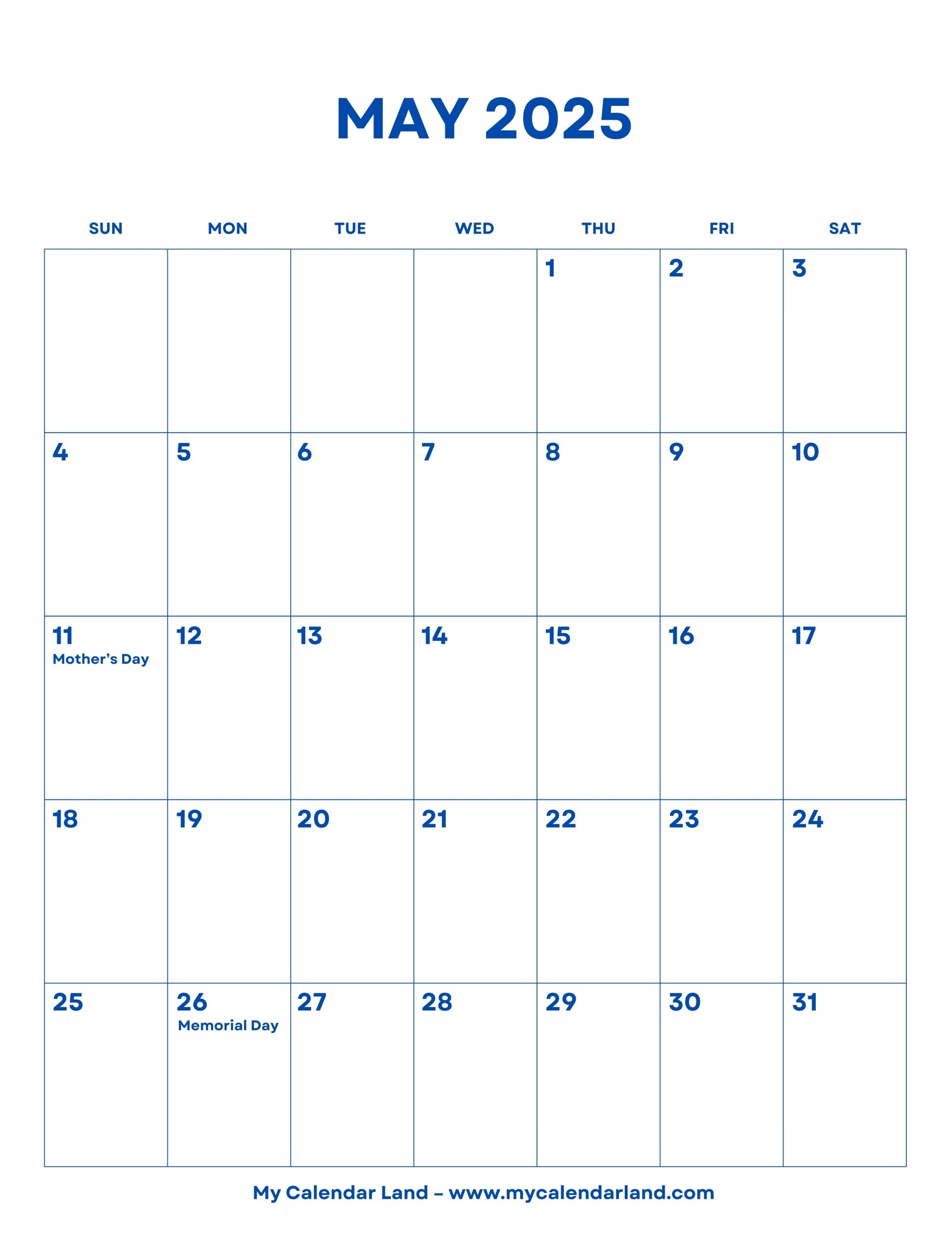 May 2025 Calendar My Calendar Land