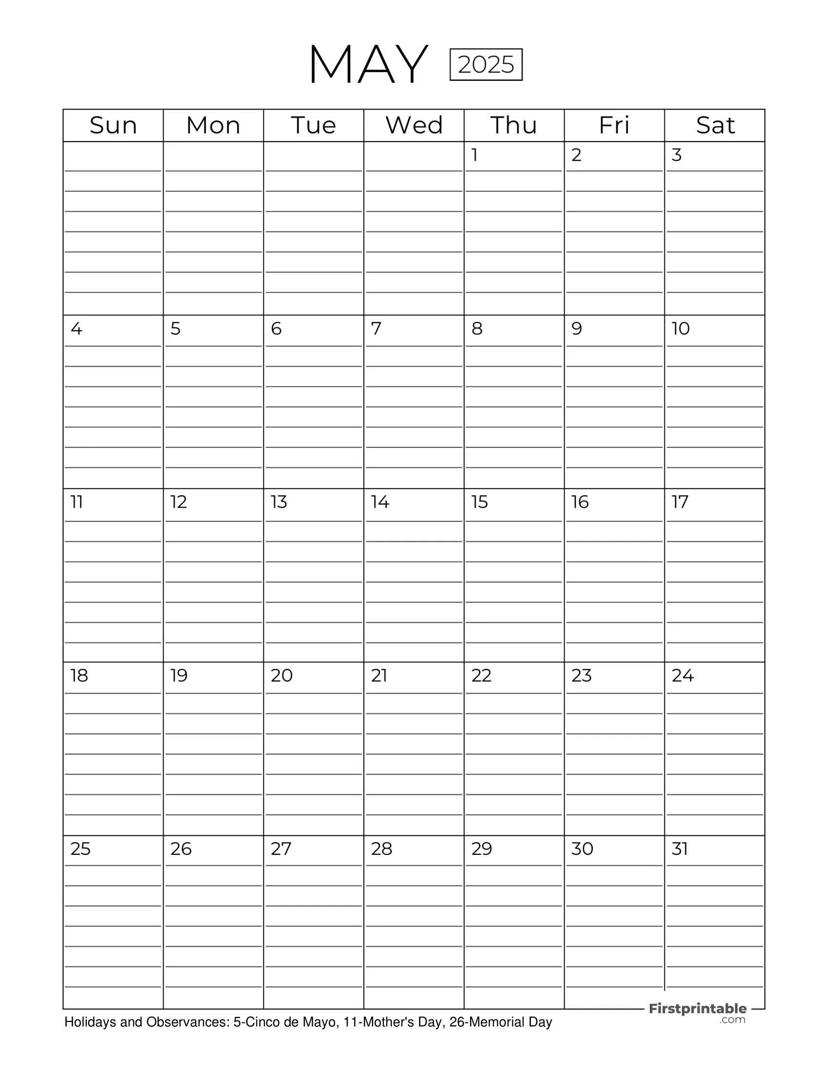 2025 Calendar Printable Vertical