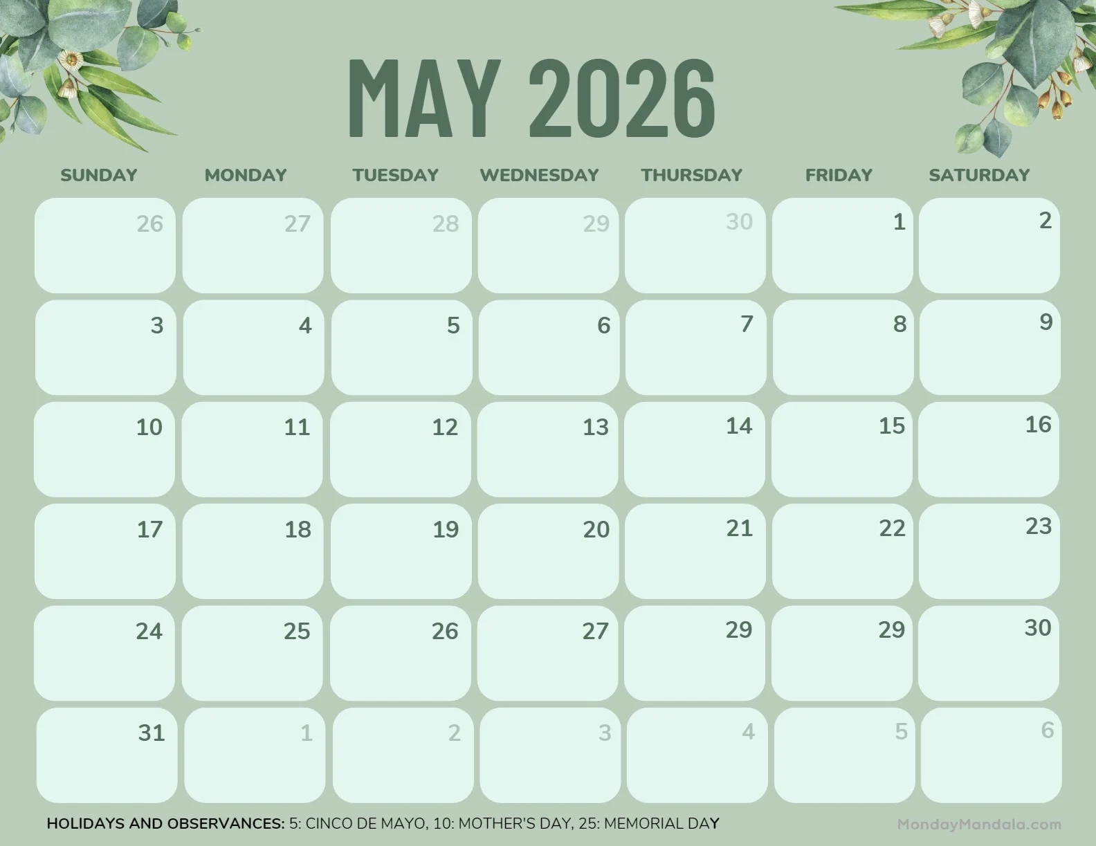 Free Printable Calendar May 2026
