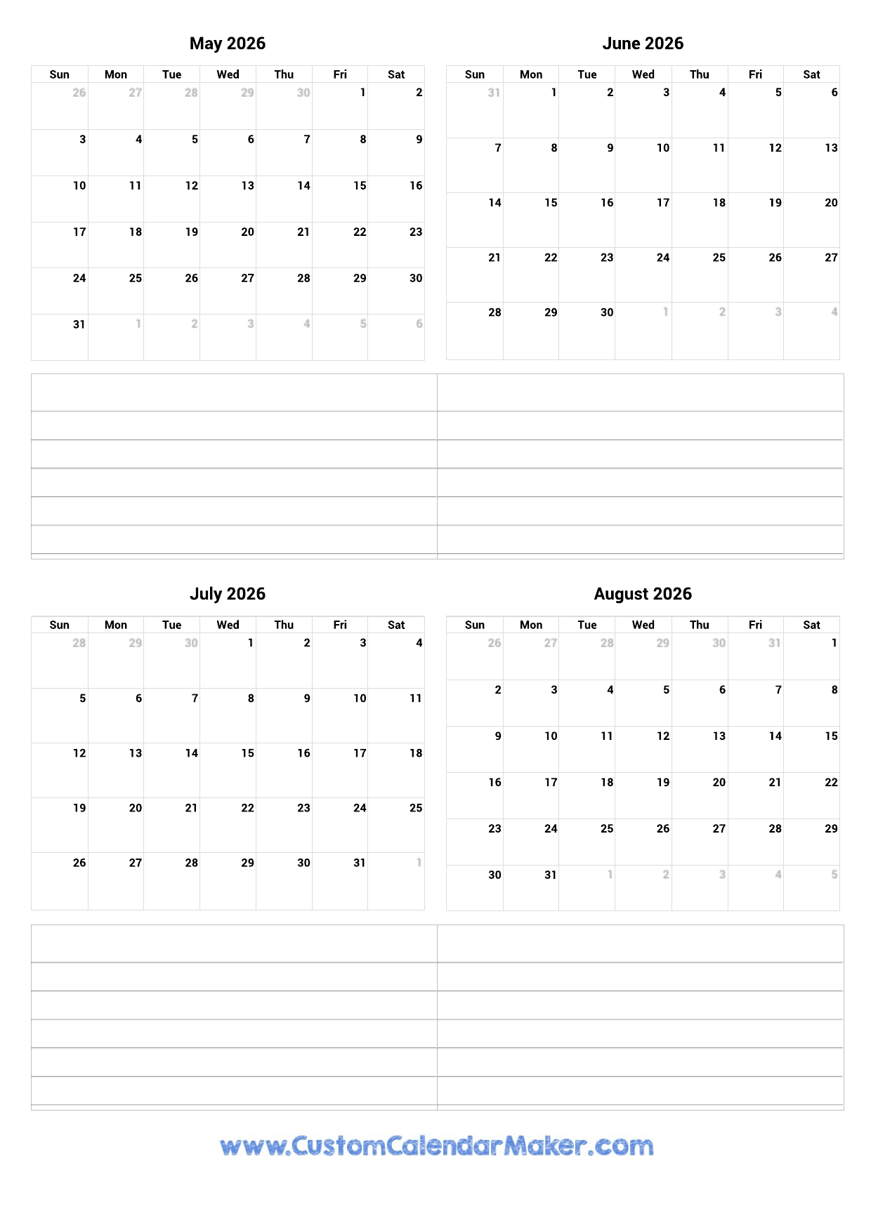 Free Printable Calendar For August 2026