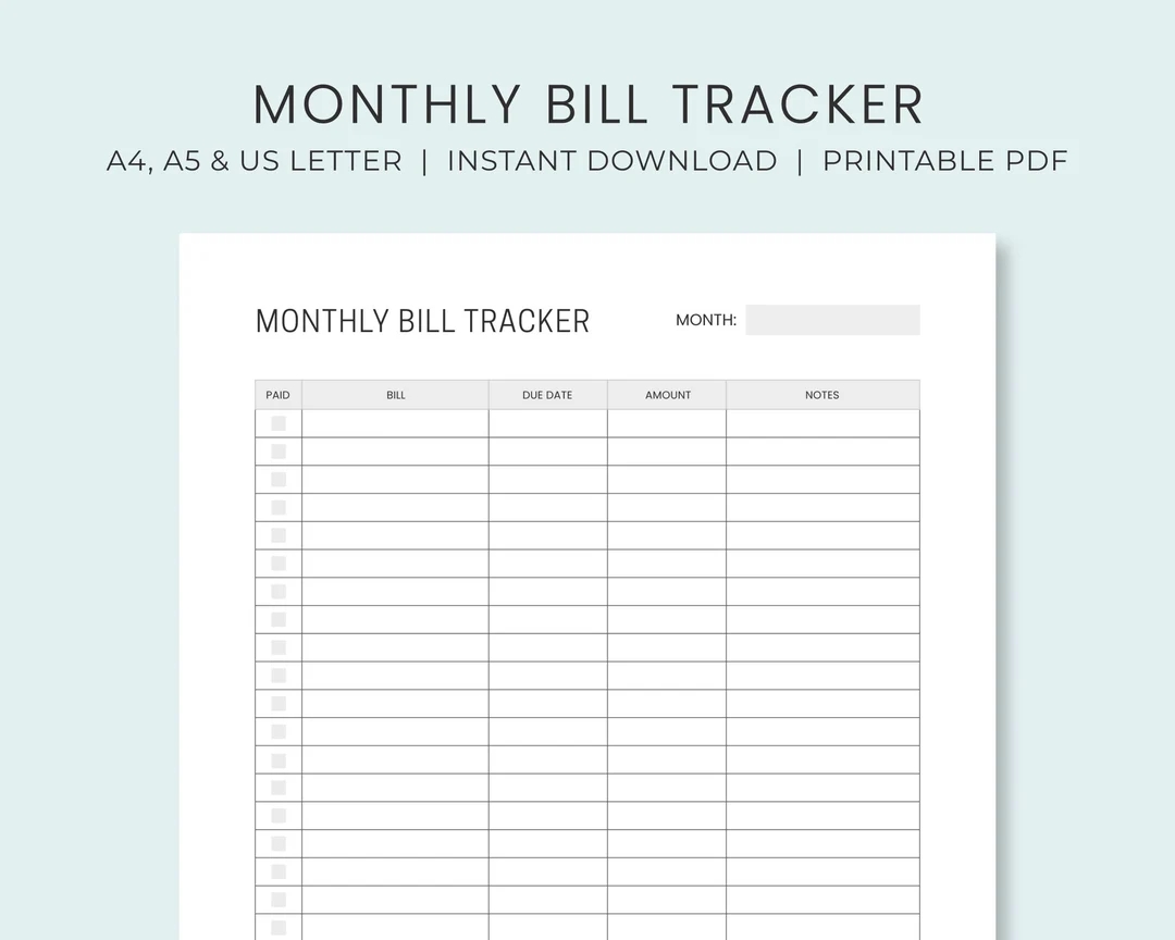 Monthly Bill Payment Tracker Printable Bill Pay Checklist Organizer Bill Log Planner Instant Download Etsy