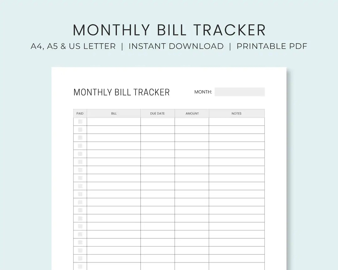 Monthly Bill Payment Tracker Printable Bill Pay Checklist Organizer Bill Log Planner Instant Download Etsy