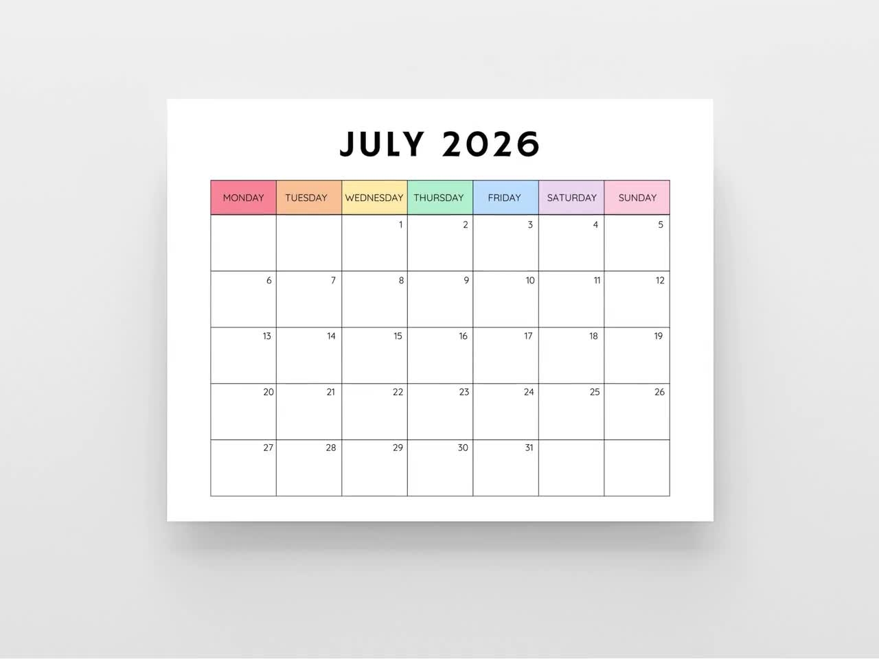 Monthly Calendar 2026 2026 Calendar Printable Blank Calendar 2026 Calendar Template 12 Month Calendar Month At A Glance 2026 Planner Etsy