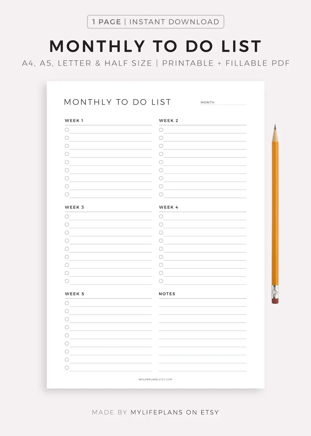 Monthly To Do List Printable Monthly Task List Template Monthly Planner A4 a5 letter half Instant Download PDF Etsy