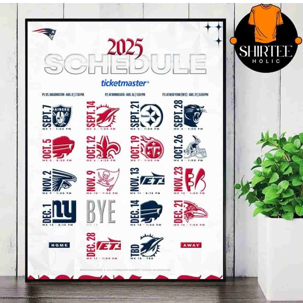 New England Patriots Official 2025 NFL Schedule Season 2025 2026 Wall Decor Poster Canvas Shirteeholic