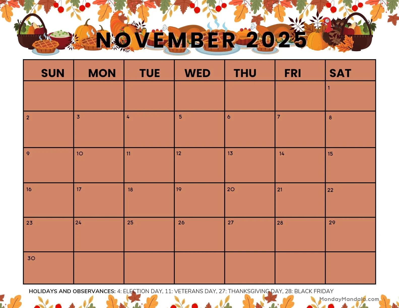Printable November 2025 Calendar Kids