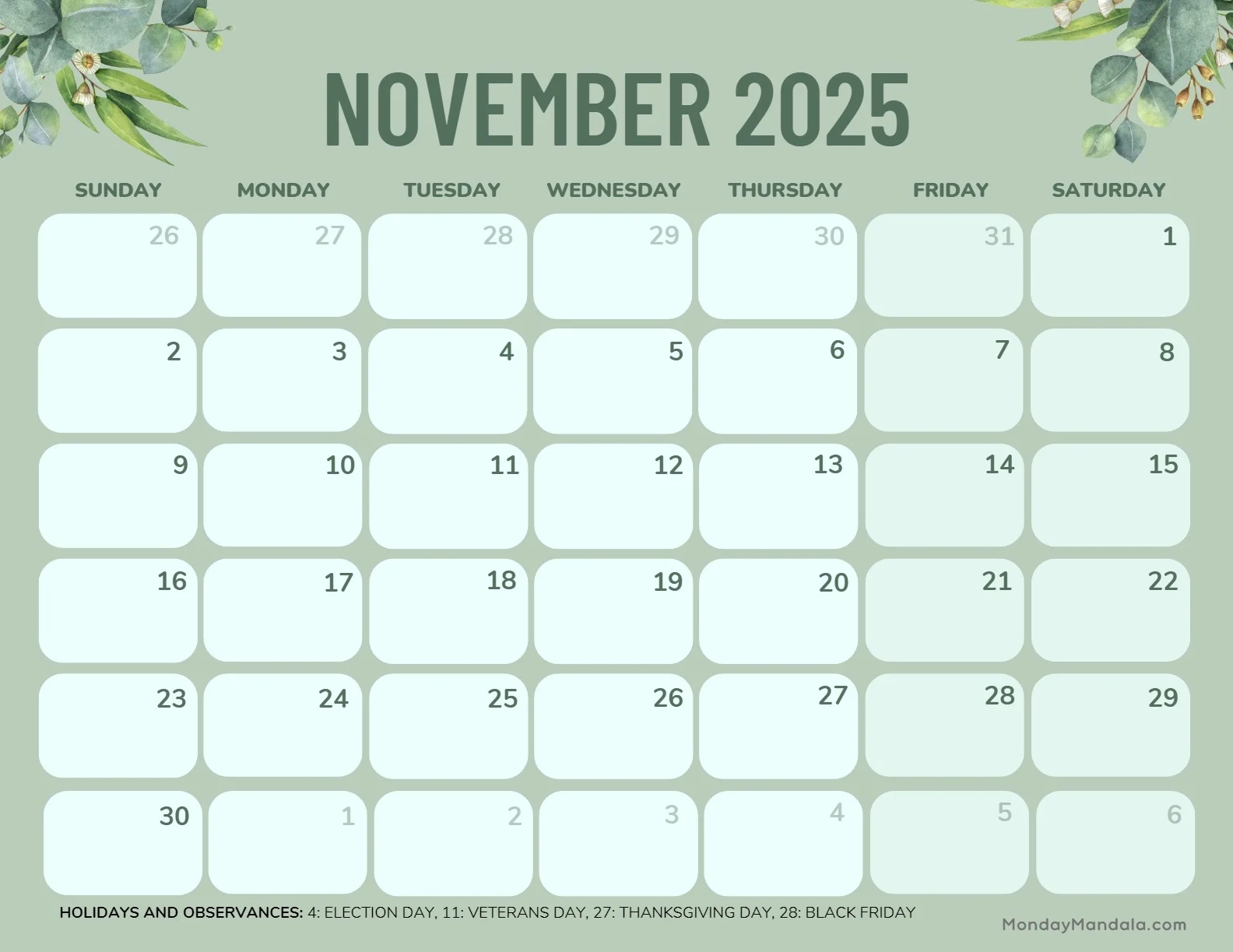 Printable Calendar November 2025 Landscape