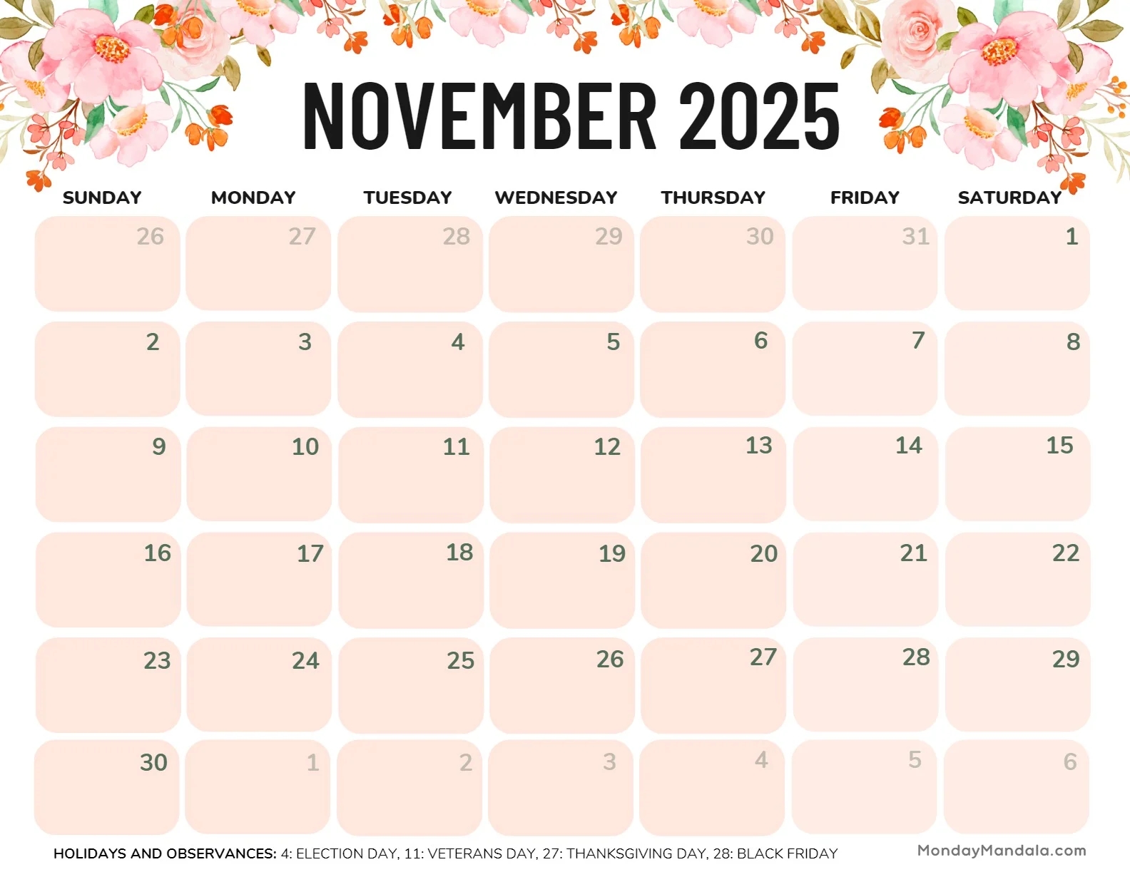 Calendar Printable November 2025