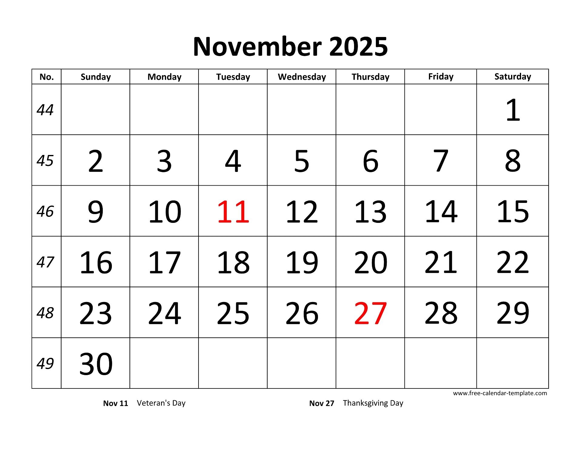 November 2025 Calendar Designed With Large Font horizontal Free calendar template