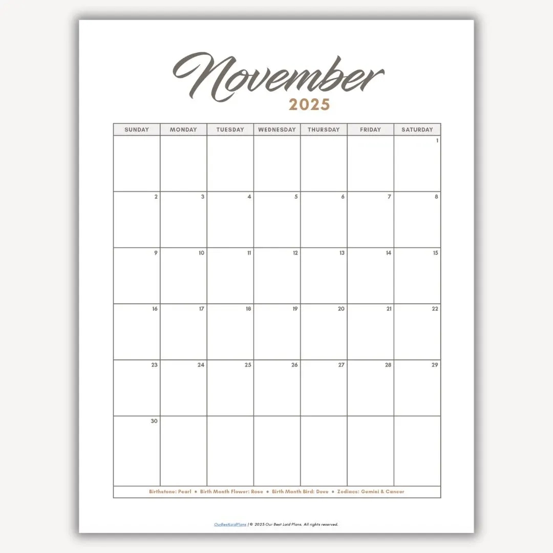 Printable Calendar Vertical Nov 2025