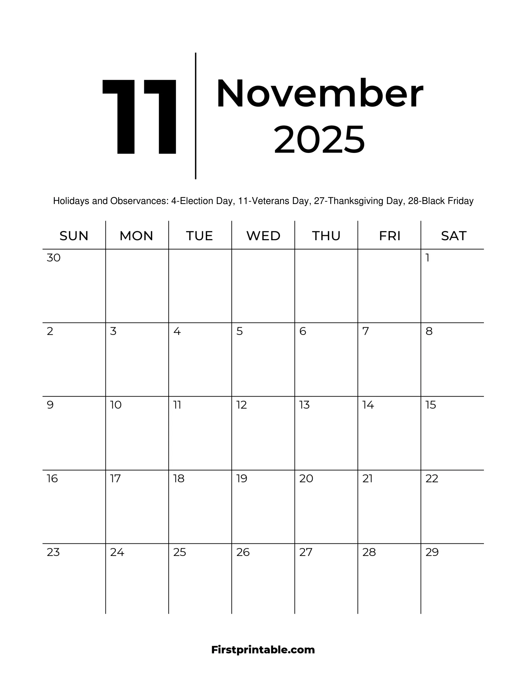 November 2025 Calendars Free Printable Fillable November 2025 Calendars Free Printable Fillable