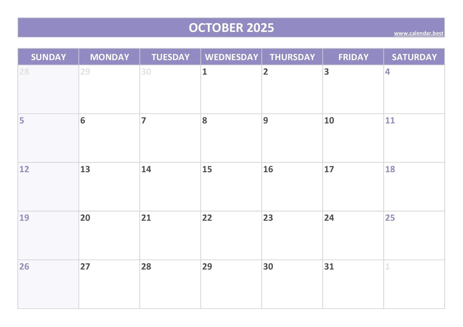 October Printable Calendar 2025