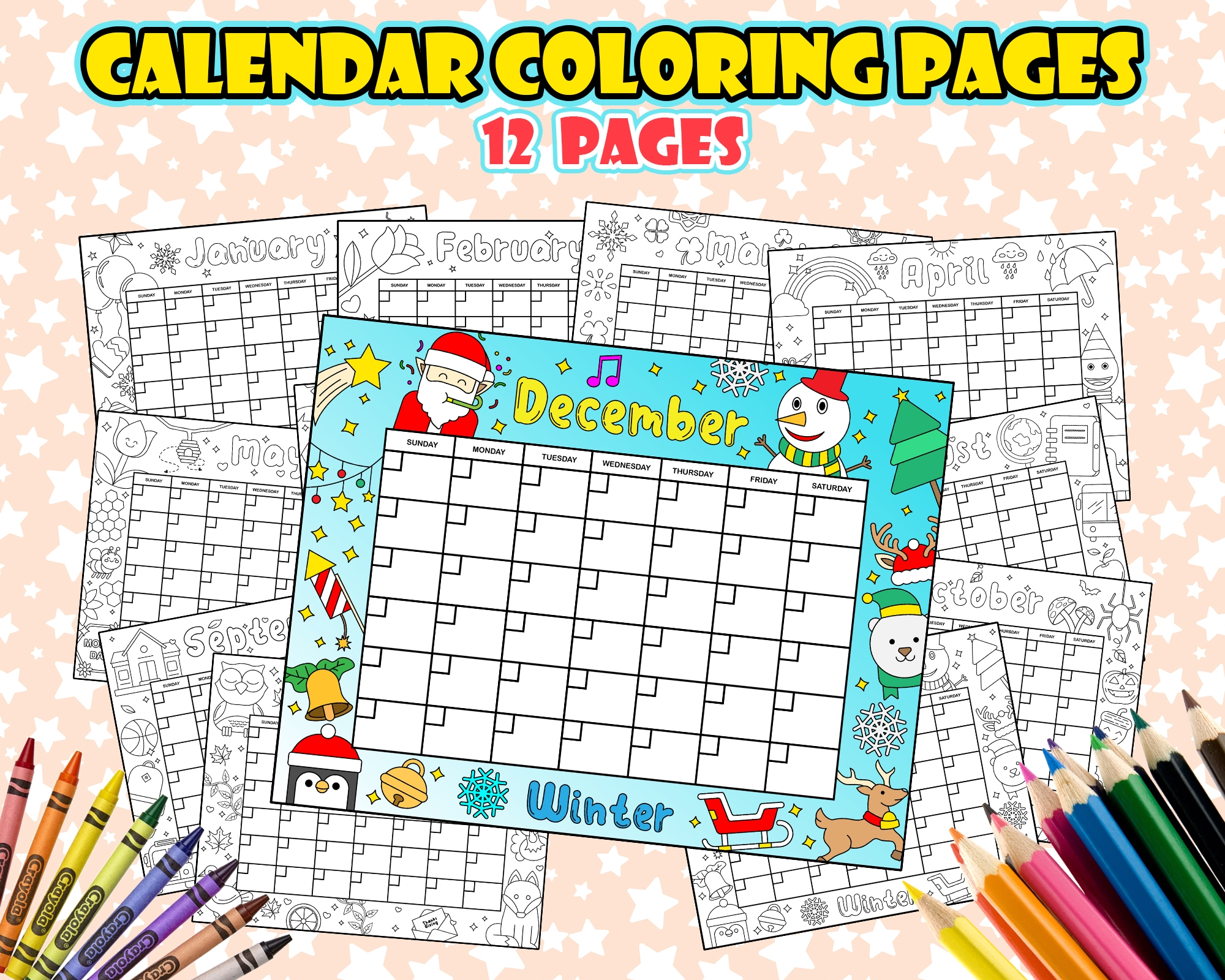 PDF 12 Months Kawaii Kids Coloring Perpetual Calendar Printable Cute Calendar To Color Made By Teachers