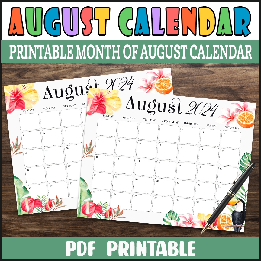 August Monthly Calendar Printable