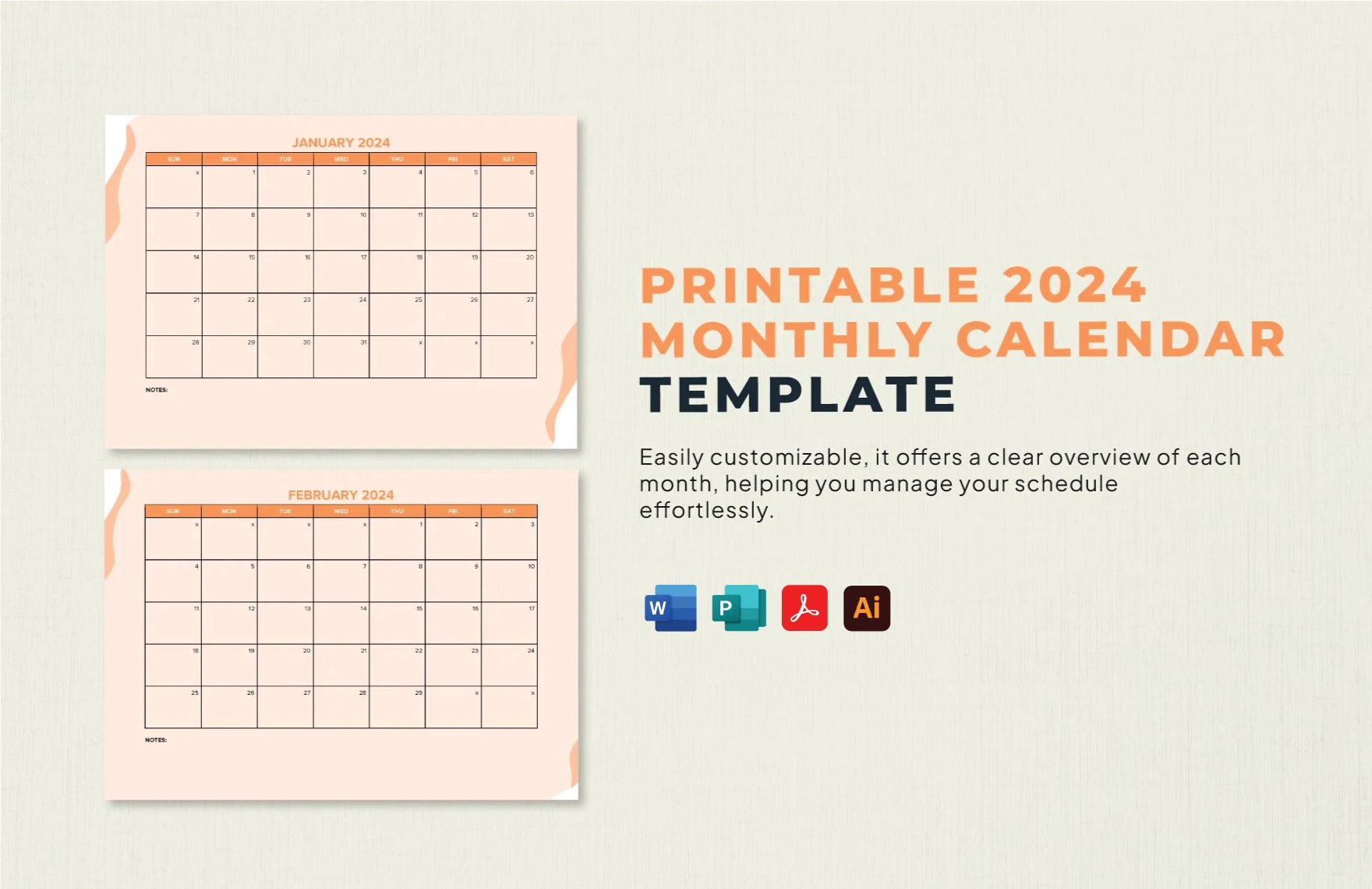Printable 2024 Monthly Calendar Template In Word PDF Illustrator Google Docs Download Template
