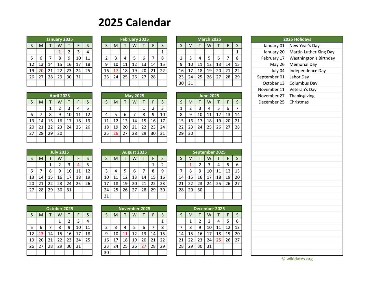 Printable 2025 Calendar With Holidays