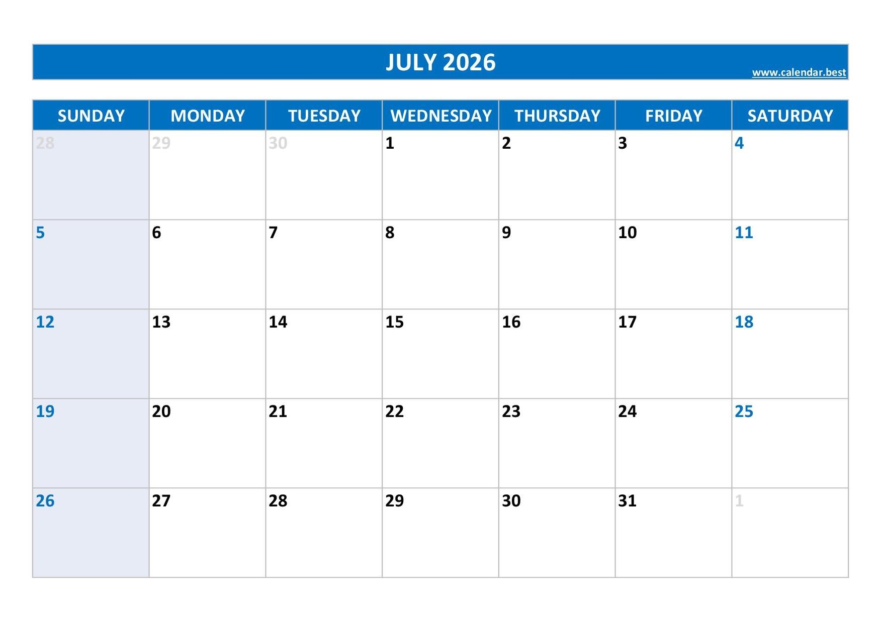 Printable 2026 Monthly Calendar Calendar best Printable 2026 Monthly Calendar Calendar best