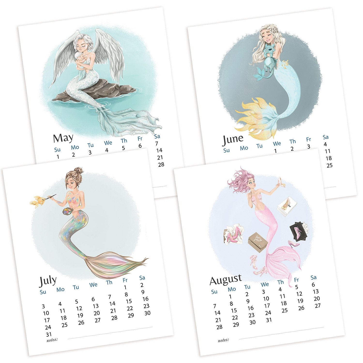 Printable Calendar 2025 Mermaid Monthly Pages Desk Planner
