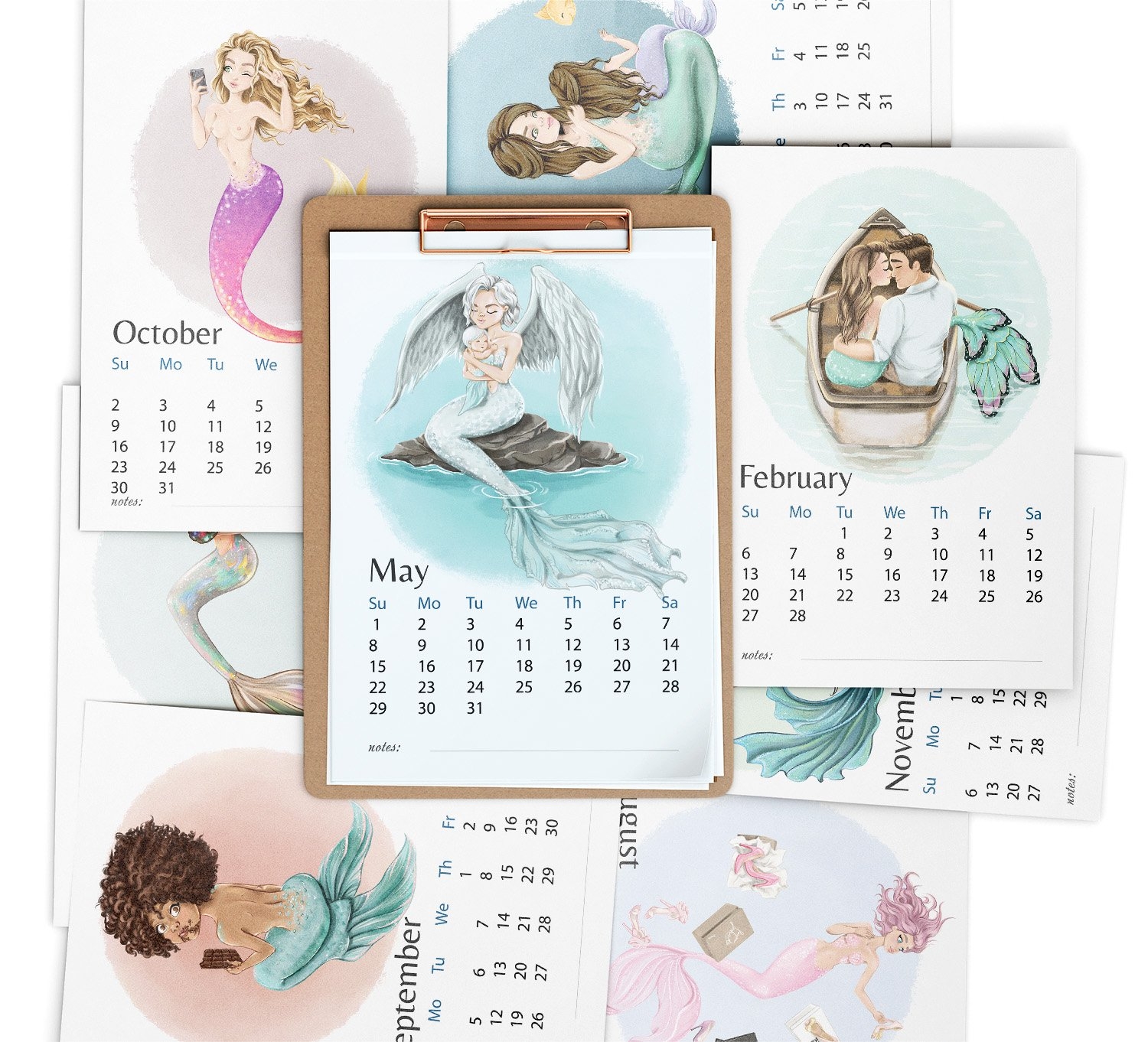 Printable Calendar 2025 Mermaid Monthly Pages Desk Planner