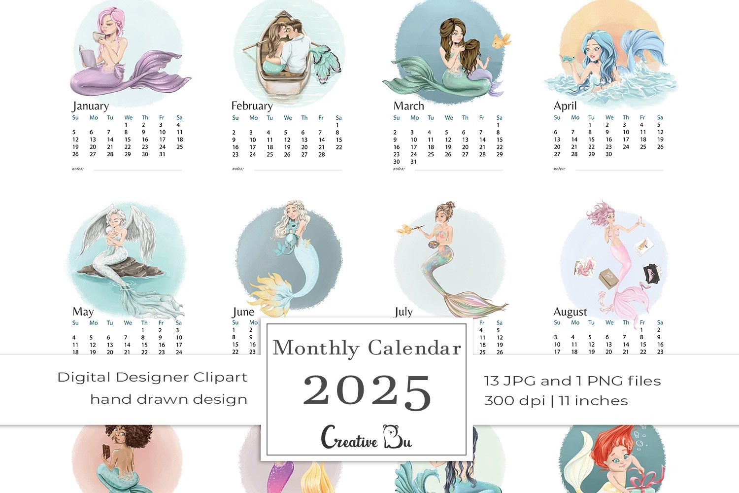 Printable Calendar 2025 Mermaid Monthly Pages Desk Planner