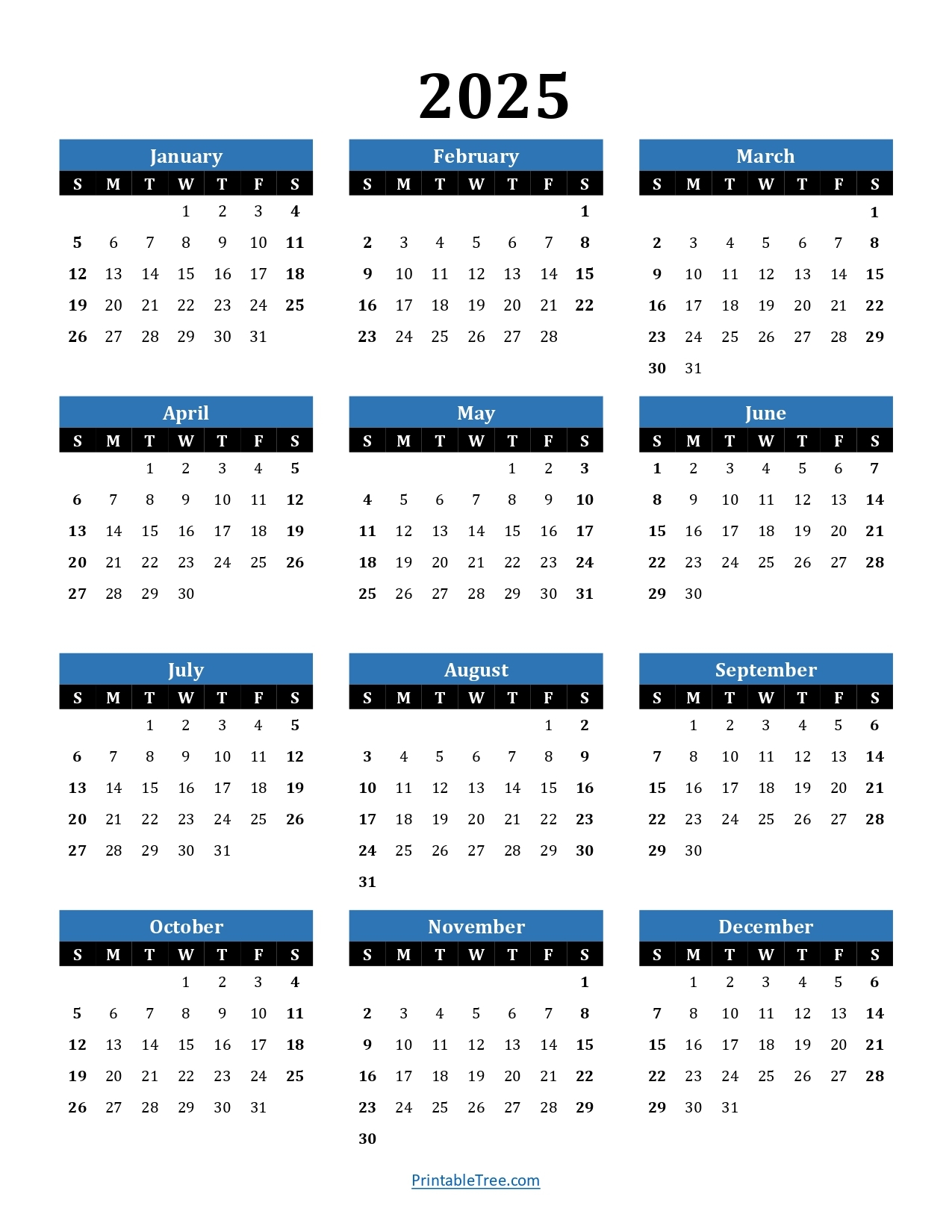 Printable Calendar 2025 One Page With Holidays Single Page 2025 Yearly Blank PDF Templates