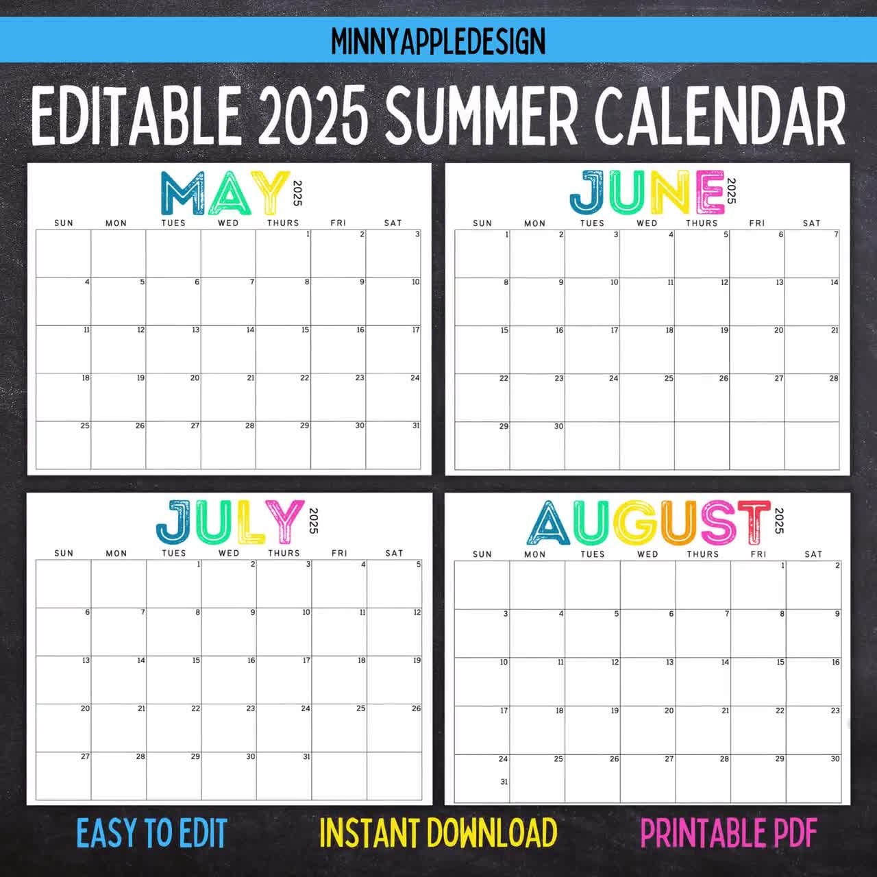 Printable Editable SUMMER Calendar June July August Calendar May 2025 June 2025 July 2025 August 2025 Summer Planner Etsy Canada