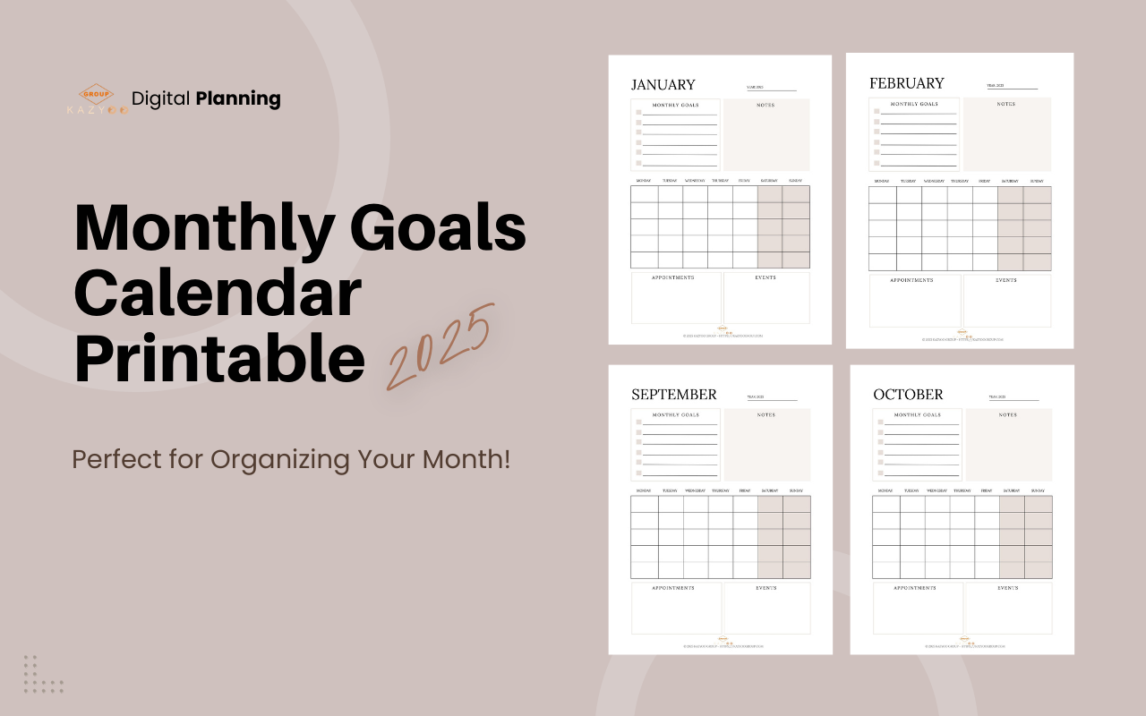 Printable Monthly Goals Calendar Goal Setting Planner 2025