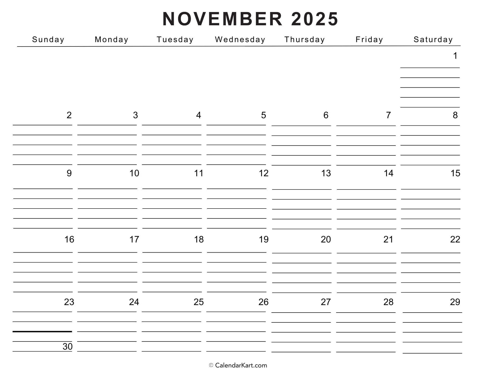 Holiday November 2025 Calendar Printable