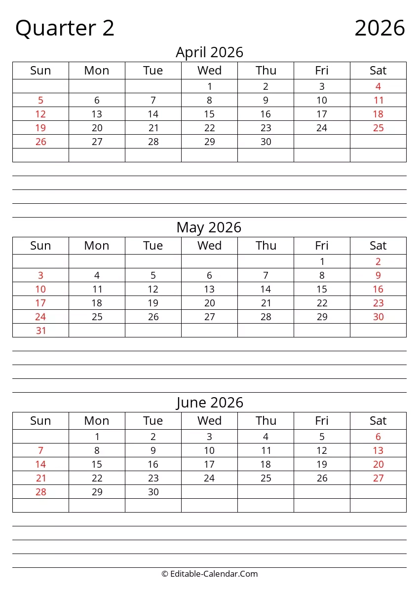 Quarter 2 Of 2026 Editable Calendar In Excel Word PDF Quarter 2 Of 2026 Editable Calendar In Excel Word PDF