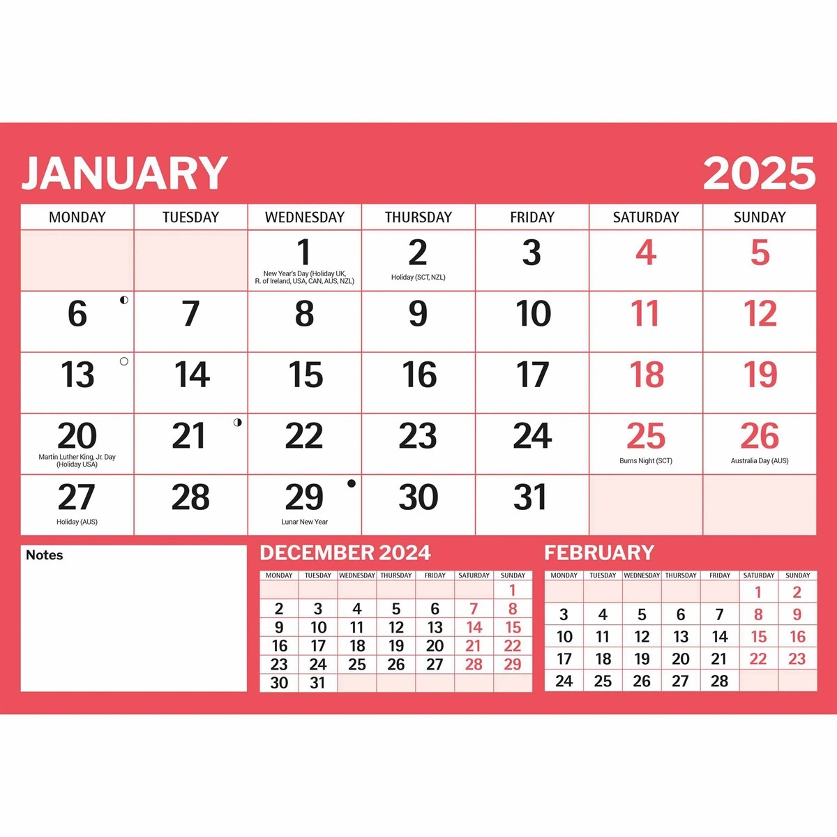 red black basic a4 large print calendar 2025