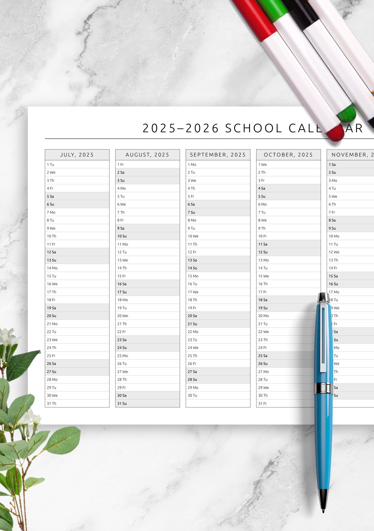 School Planning Calendar Printable