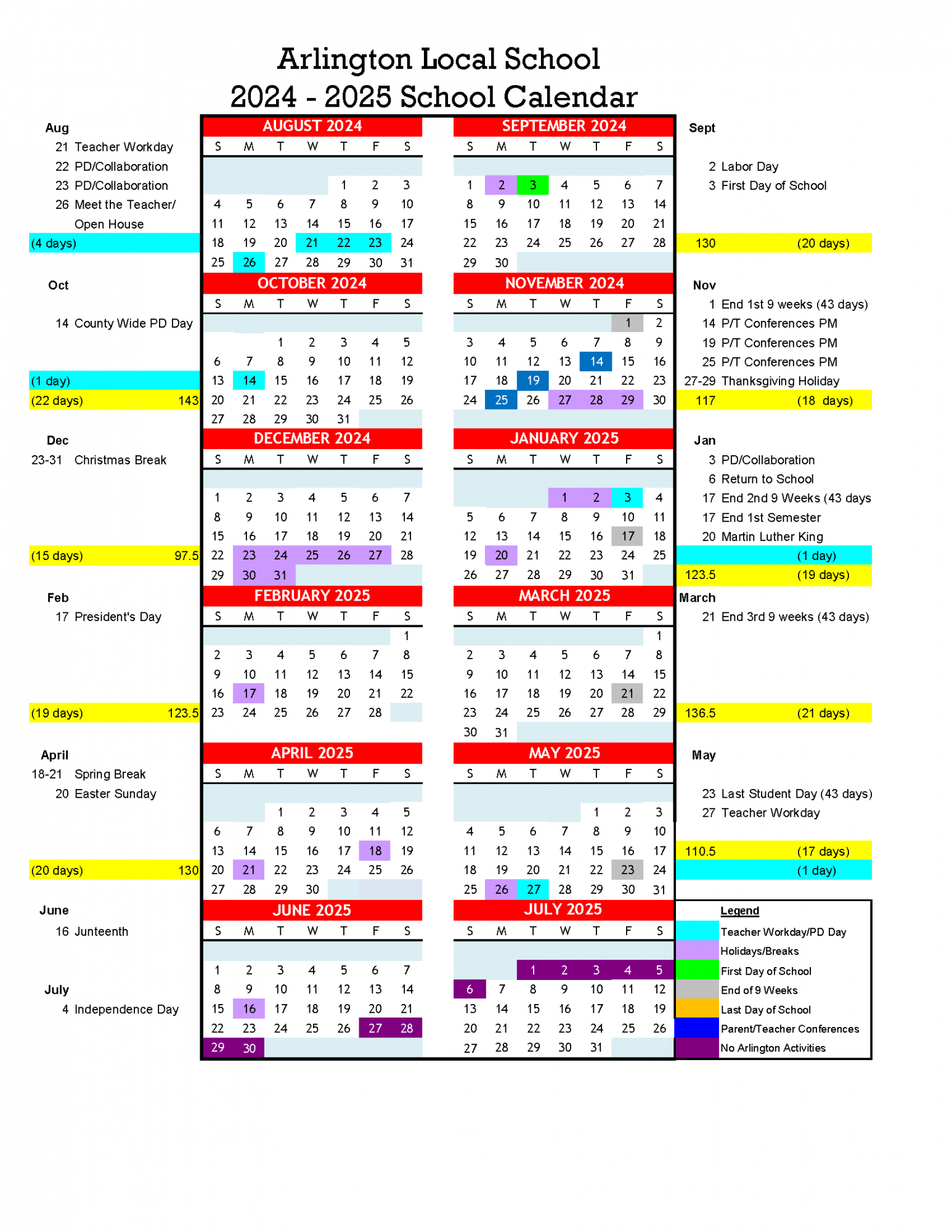 School Calendars Arlington Local Schools School Calendars Arlington Local Schools