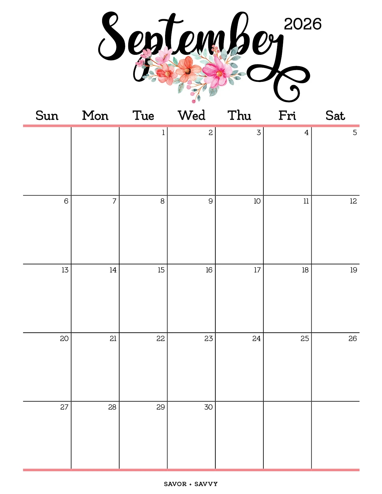 Pretty Blank September 2026 Calendar Printable Pretty Blank September 2026 Calendar Printable
