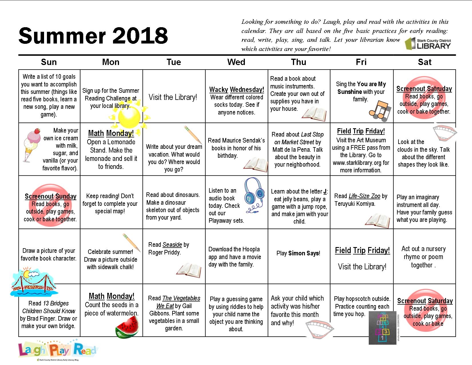 summer activity calendar laughplayread