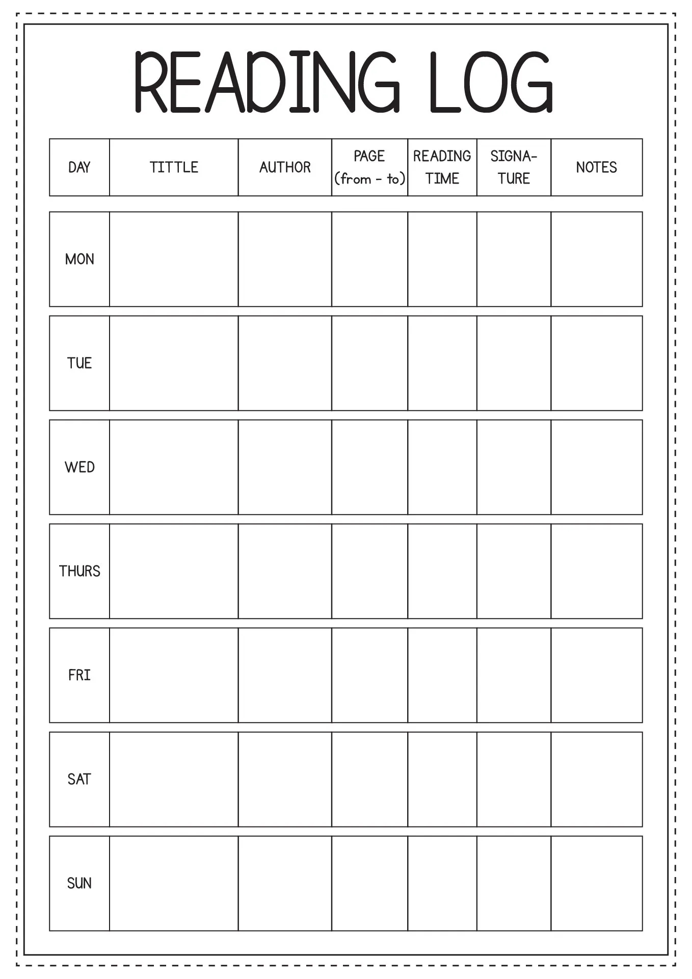 Weekly Reading Log Printable Printable Party Favors