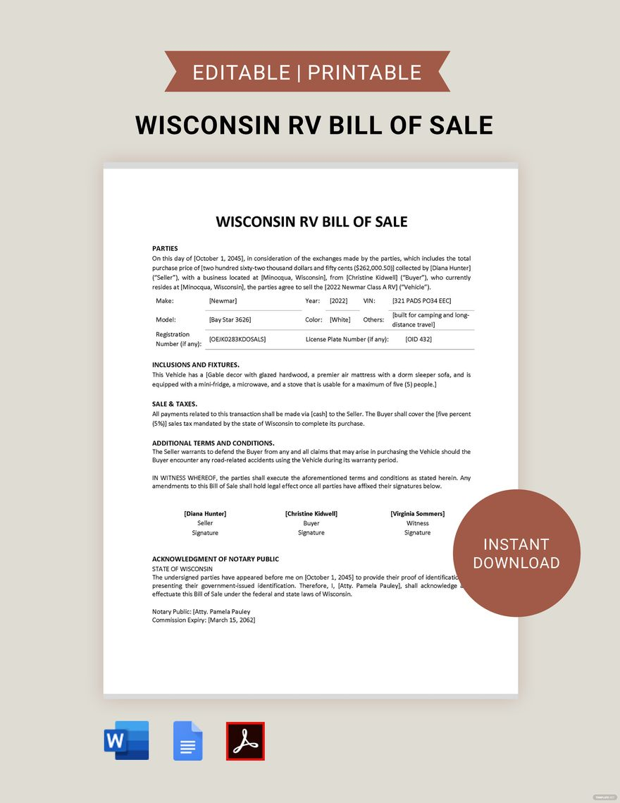 Wisconsin RV Bill Of Sale Template In Word PDF Google Docs Download Template
