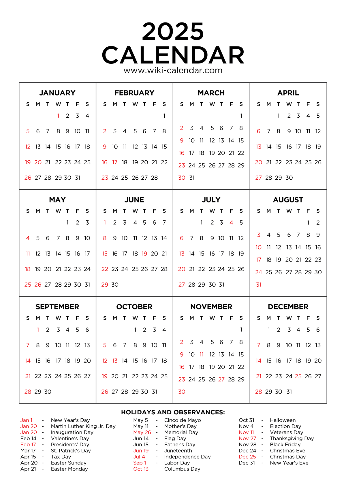 Blank Printable Calendar 2025